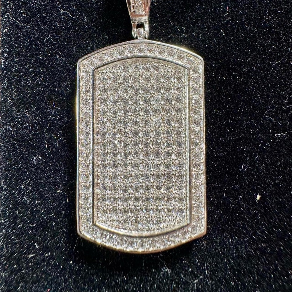 925 Sterling Silver Dog Tag Necklace CZ Flooded Pendant & 925 Chain